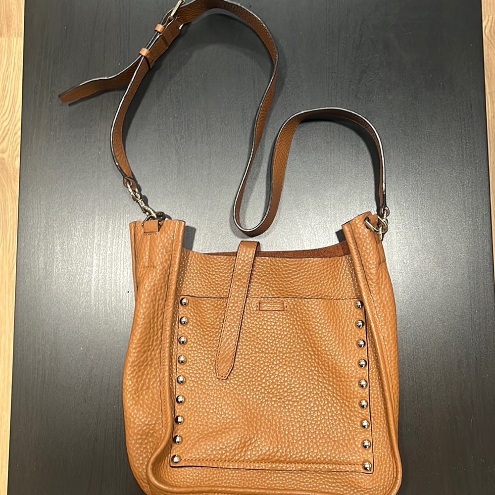 Rebecca Minkoff Studded Pebble Leather unlined Feed Crossbody Bag in Brown